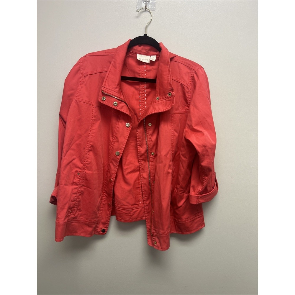Chico's Womens Roll Tab Sleeve Jacket Sz XL Coral Pink Stretch Cotton